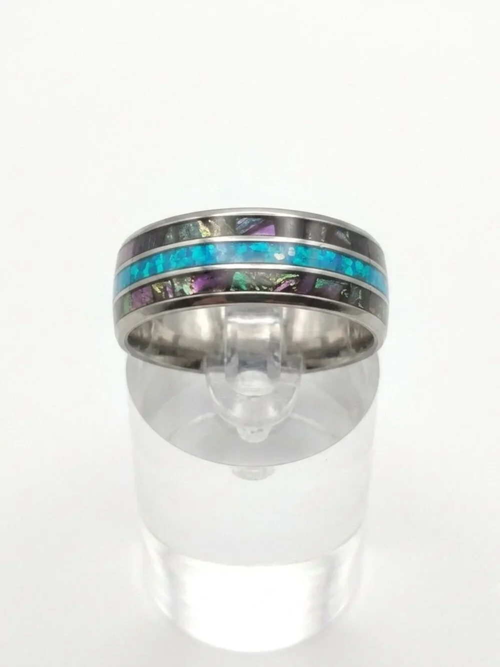 Size 11 Silver Stainless Steel Ring w/Teal Iridescent Inlay Wedding Band